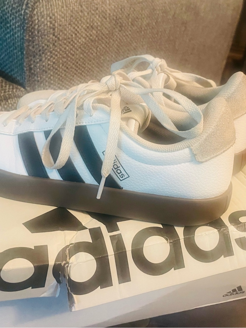 adidas White Sneakers with Black Stripes and Gray Sole